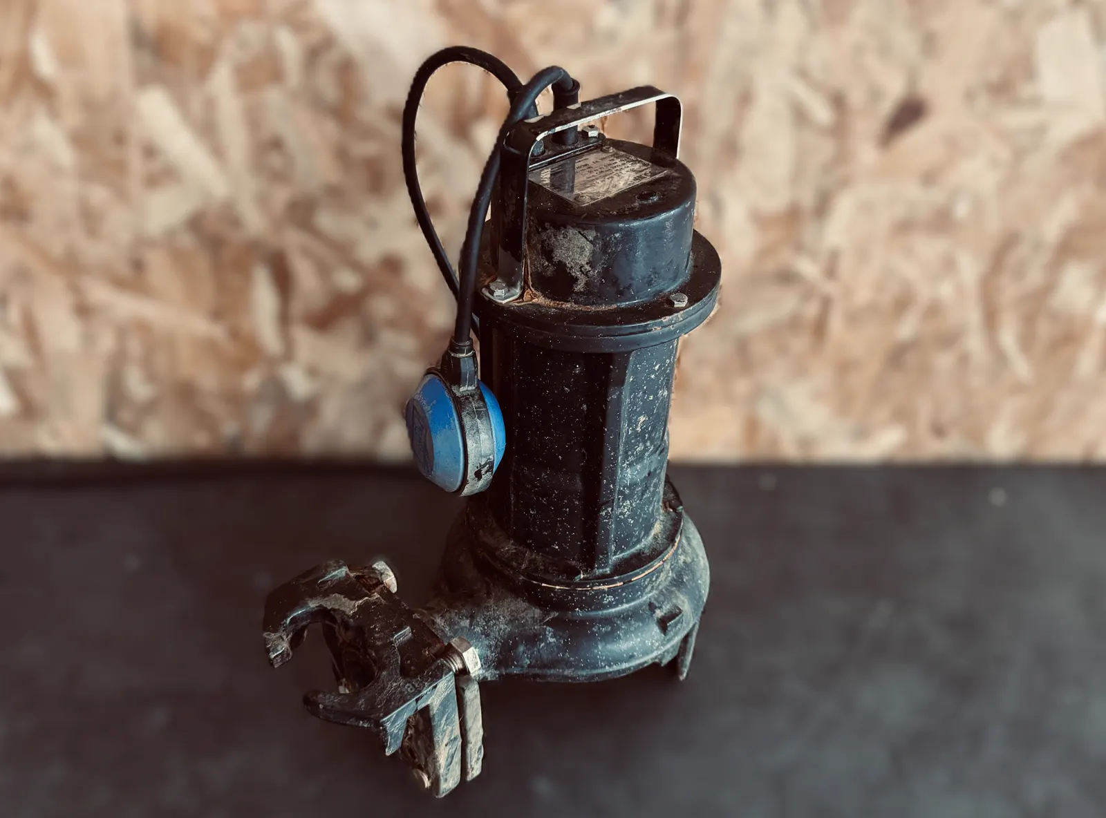 Pompe de relevage en fonte avec flotteur bleu réparée par TCA Industries